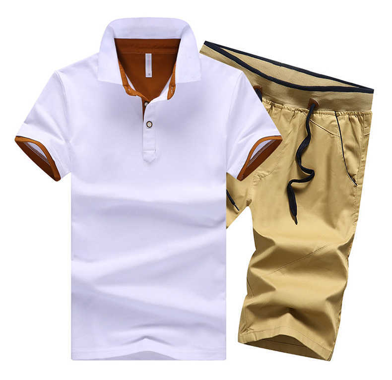 Cotton Mens Sets Summer Button Polo Shirts Sets Turn Down Mens Shorts 4XL Men Clothes 2 Piece Set Tracksuit Elastic Waist Shorts 210601