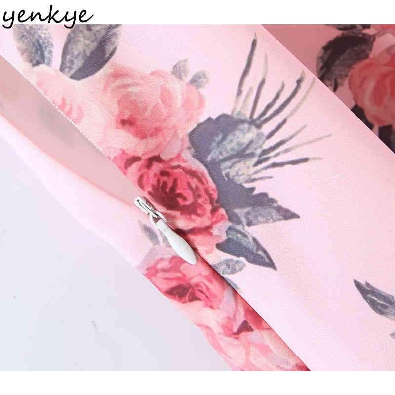 Sweet Women Floral Print Pink Holiday Summer Dress Puff Sleeve V Neck Vestido Mujer High Waist Ruffle A-line Mini 210430