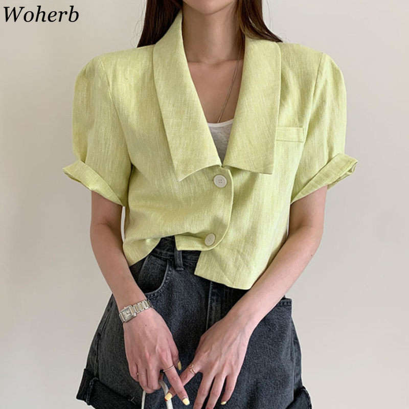 Women Summer Vintage All-match Outwear Korean Fashion Casual Short Sleeve Single Breasted Jacket Chic Coat 210519