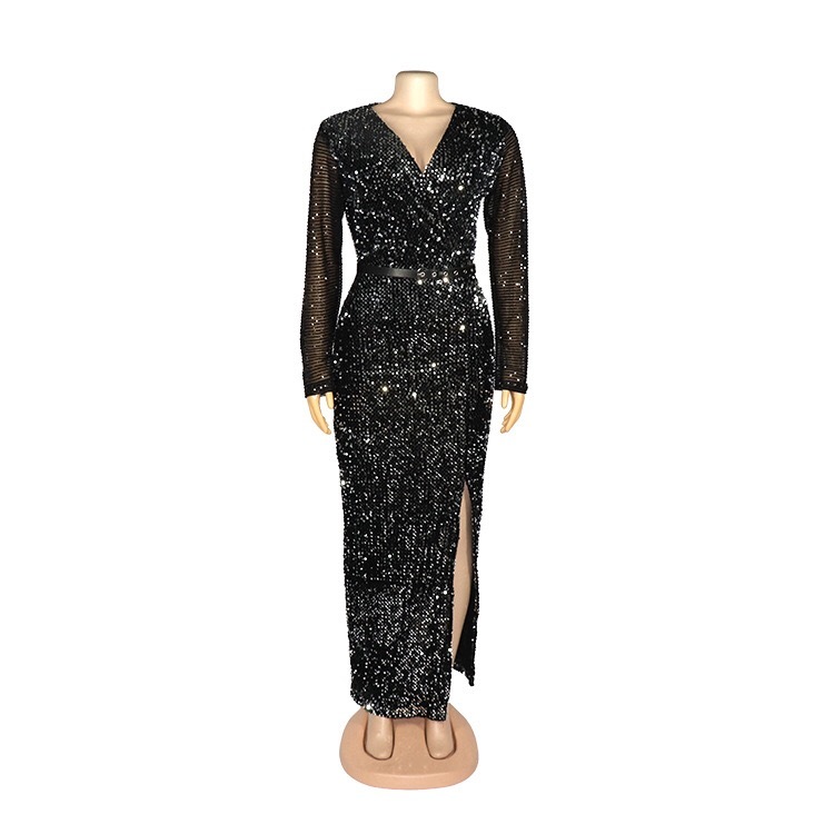Black Sequined African Dress Women Evening Fashion Full Sleeve High Waist Split Bodycon Sexy Night Party Dinner Elegant 210510