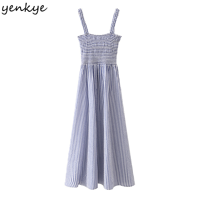 Sweet Women Blue Striped Sexy Sling Long Dress Elegant Female Sleeveless Cotton Casual Summer Vestido 210430