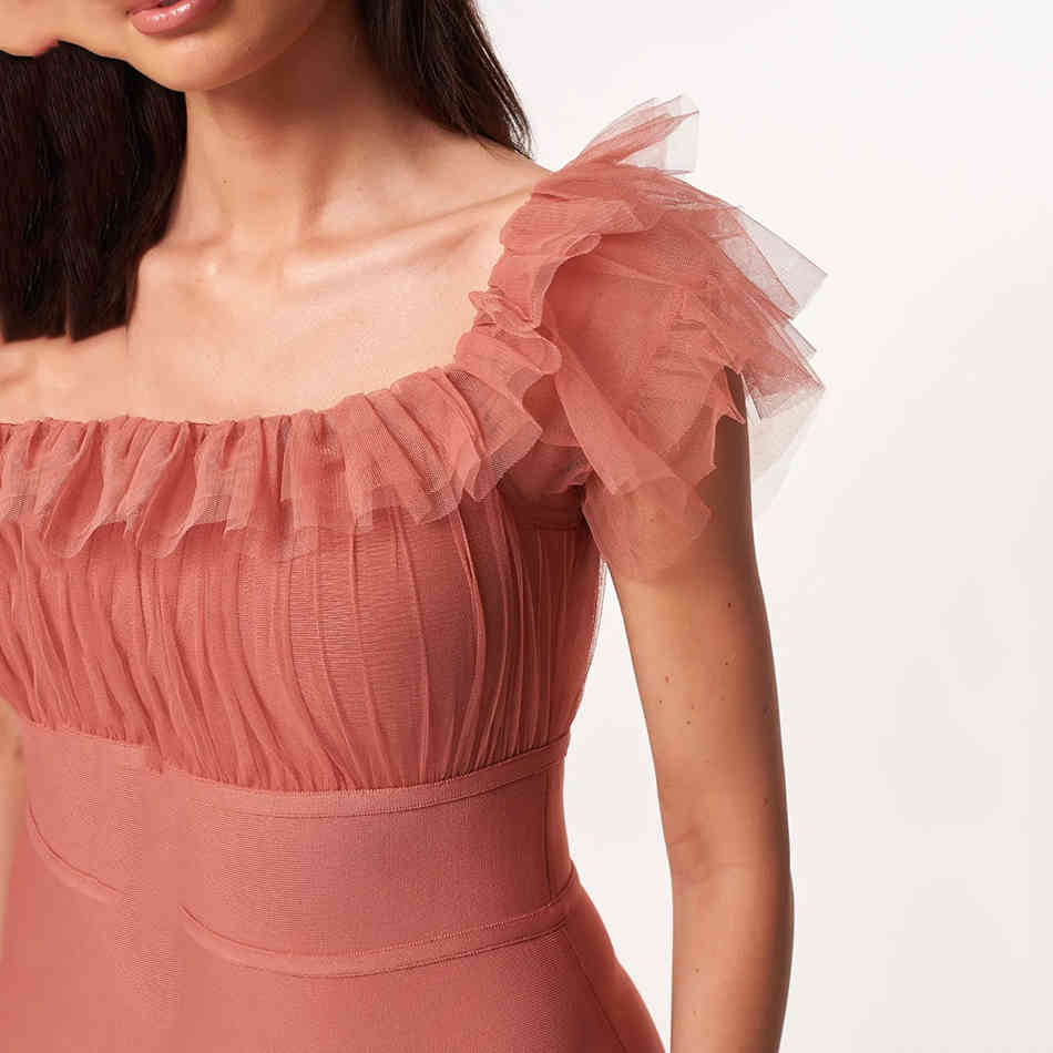 Free Women Bandage Dress Sexy Square Neck Short Sleeve Mesh Patchwork Bodycon Midi Elegant Party Vestido 210524