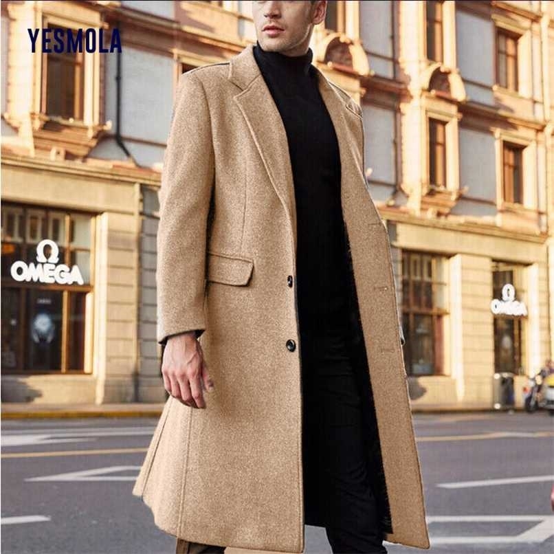 YESMOLA Autumn Winter Mens Coat Solid Long Sleeve Woolen Jackets Fleece Men Overcoat Streetwear Fashion Long Trench Outerwear 211119