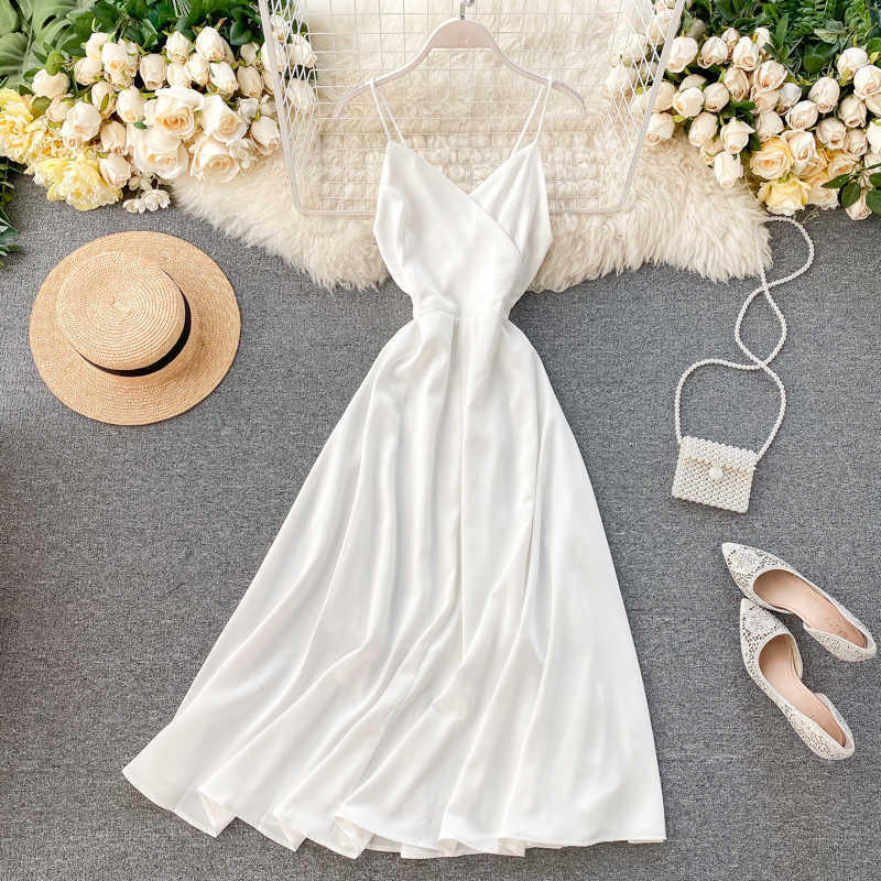 Chic Women's Beach Holiday Ins V Neck Sleeveless Backless Bow High Waist A-line Dress Lady White Vestidos L294 210527