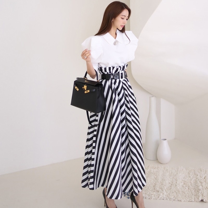 Summer Women Elegant 2-Piece Set Korean Temperament Sweet Puff Sleeve White Blouses + High Waist Big Swing Skirt Suit 210519