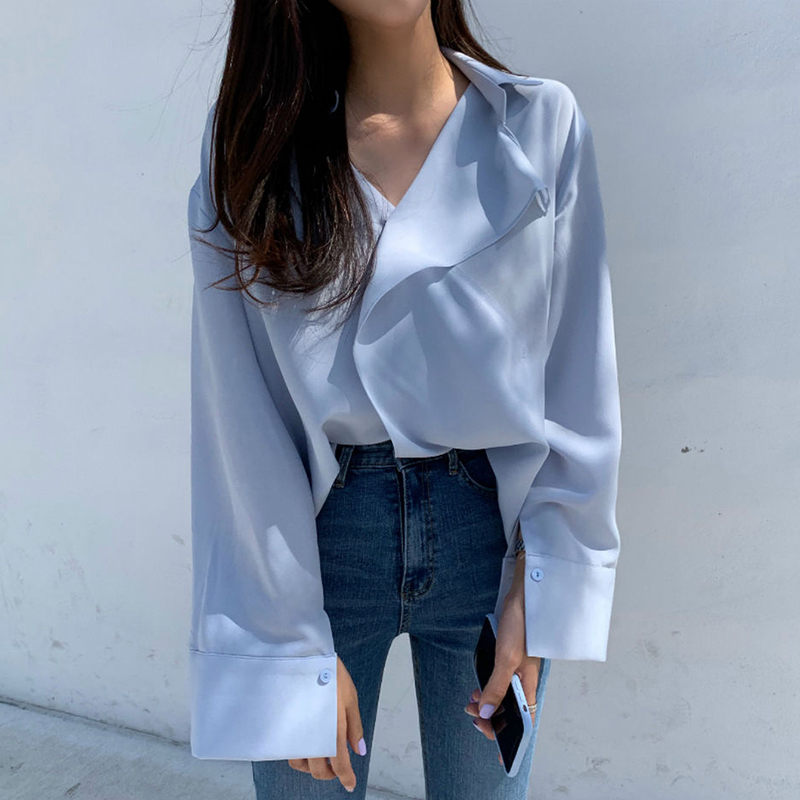 Minimalist Sunscreen Blouse Women's Summer V-necl Cross Loose Long Sleeve Solid Color Shirt Female 5C471 210427