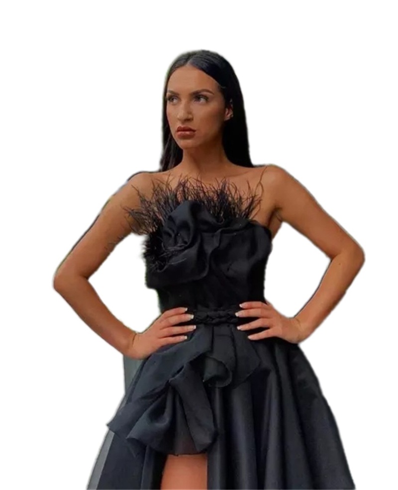 Feather Black Evening Dresses Off Shoulder Ruffles Custom Made Sleeves Floor Length Prom Dress Robe de mariée