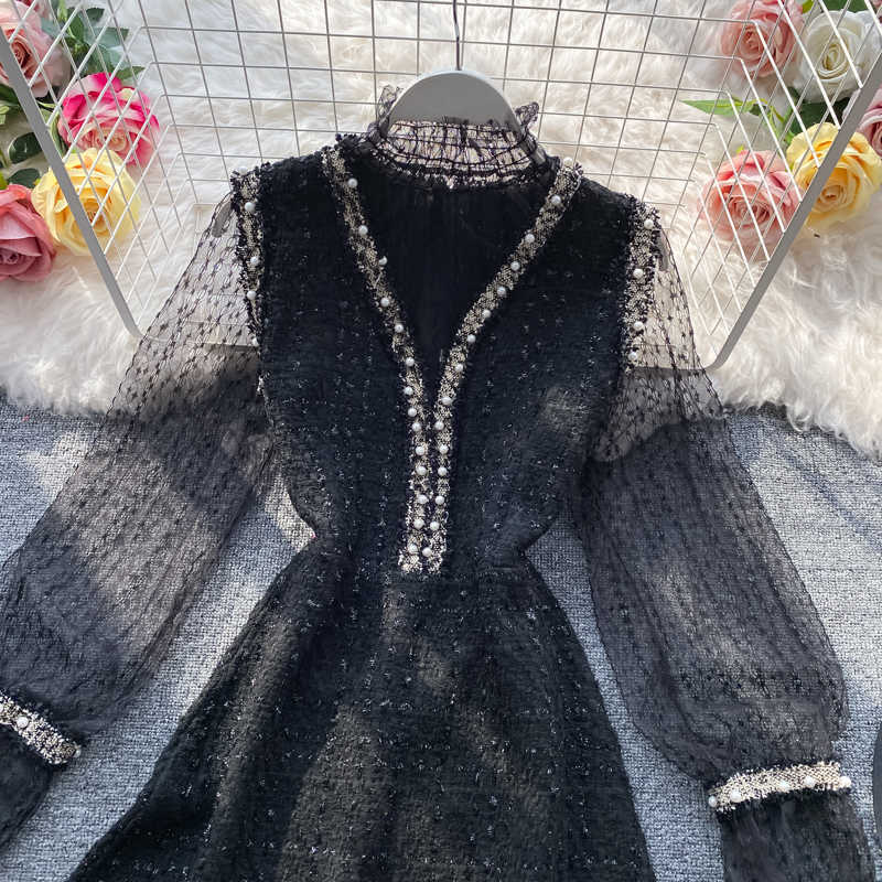 LY VAREY LIN Autumn Women Elegant Sweet Flare Sleeve Mesh Shirt Top + Beading Sleeveless Tweed Party Dress Two-Piece Set 210526