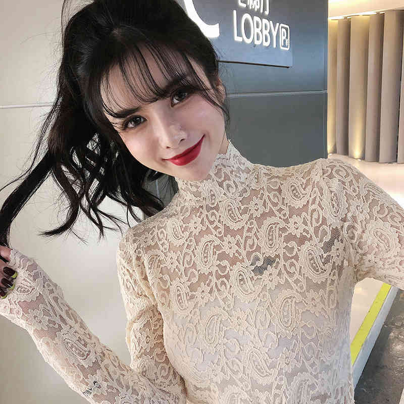 Womens Tops And Blouses Sexy Turtleneck Lace Shirt Women Camisas Mujer Ladies Tops Long Sleeve Black White Blouse Women 210515