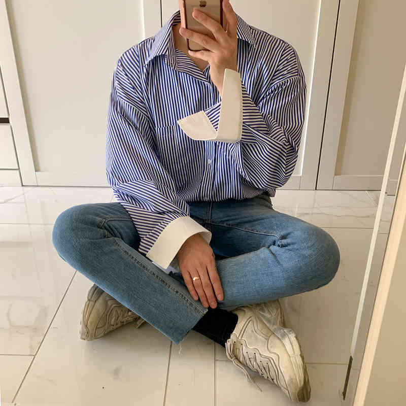 IEFB Spring Patchwork Cuff Striped Long Sleeve Shirt Men's Korean Fashion Cool Casual Loose Trend Tops Single Breast 9Y5540 210524