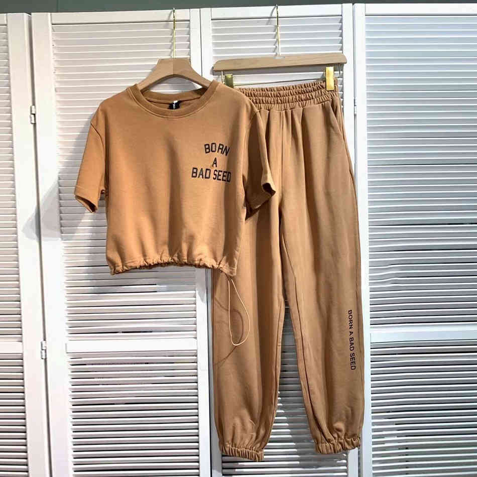 Free Summer Women's Casual Letters Sports Set O-Neck Short Sleeve Drawstring Pullover Top & Trousers Two-Piece 210524