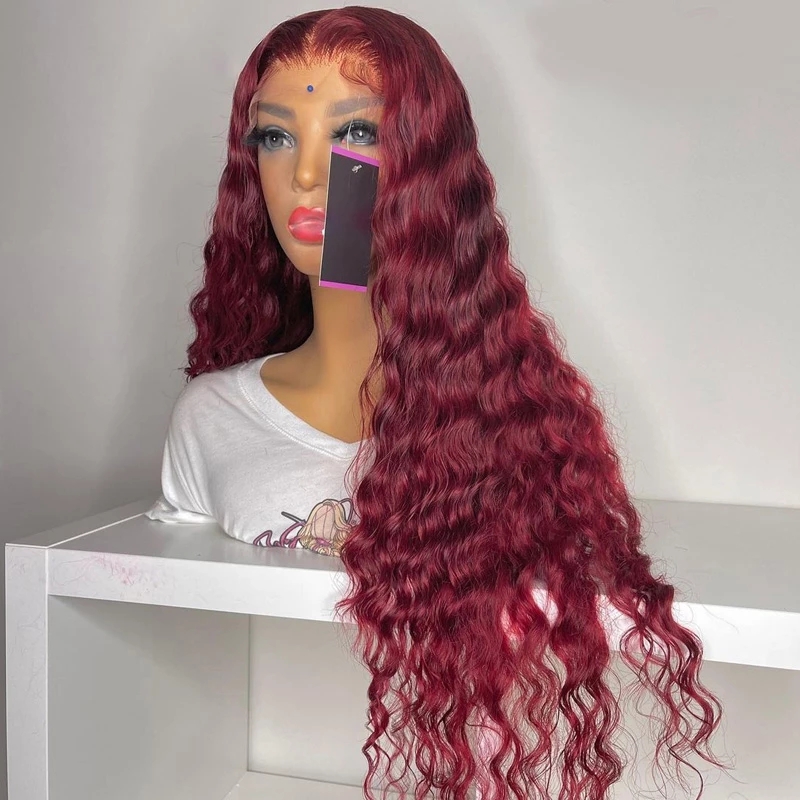 Burgundy #99J Curly Brazilian Hair Lace Frontal Wigs For Women Pre Plucked Deep Wave Wine Red 13x4 Lace Front Wig Synthetic Heat Resistant Brazilian W