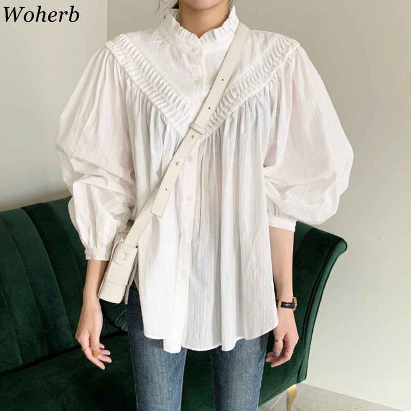 Korean Shirts Women Blusas Mujer De Moda Fashion Ruffles Stand Neck Pleated Blouses Lantern Sleeve Loose Blouse Tops 210519