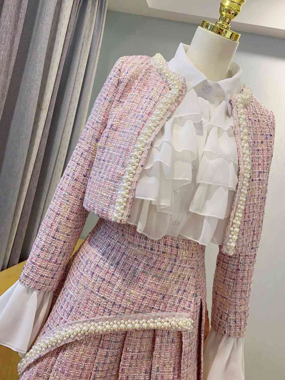 Free Elegant Tweed Three-piece Beaded Women's Set Cardigan Jacket & Ruffled Shirt A-line Skirt Party Autumn 210524