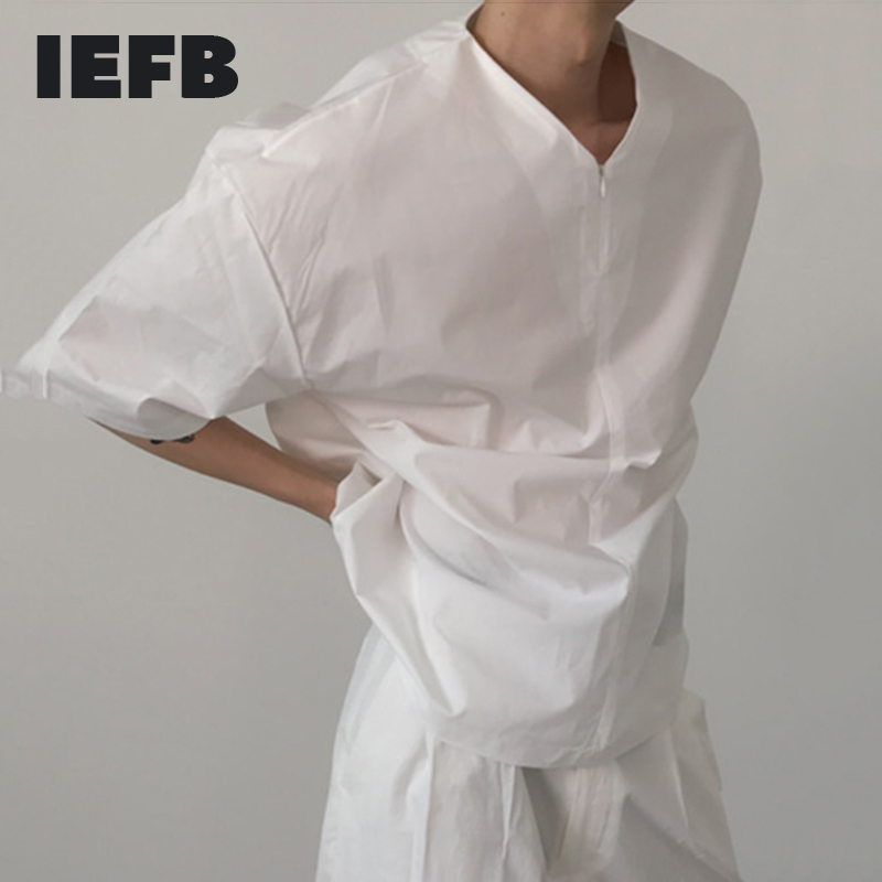 IEFB Summer Oversized Whie Shirts For Men V Collar Short Sleeve Causal Streetwear Tops Loose Comfortable Clothes 9Y6622 210524