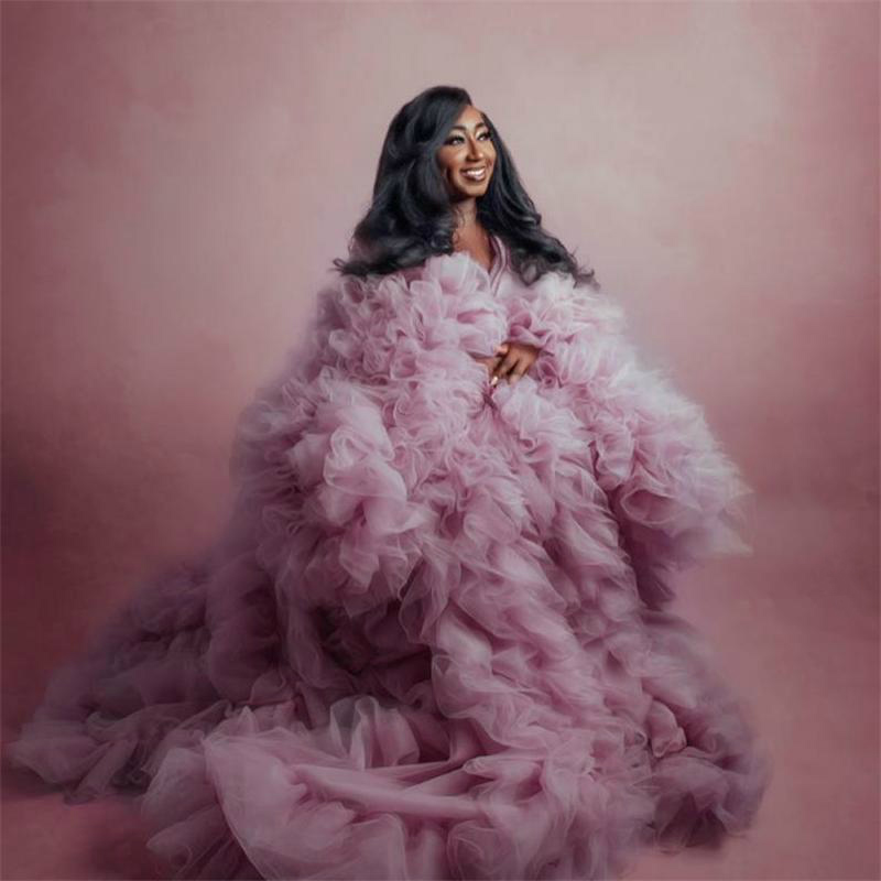 Luxury Ruffles Prom Dresses Long Sleeves Pregnant Sleepwear Women Plus Size Lingerie Bathrobe Nightwear Maternity Gowns