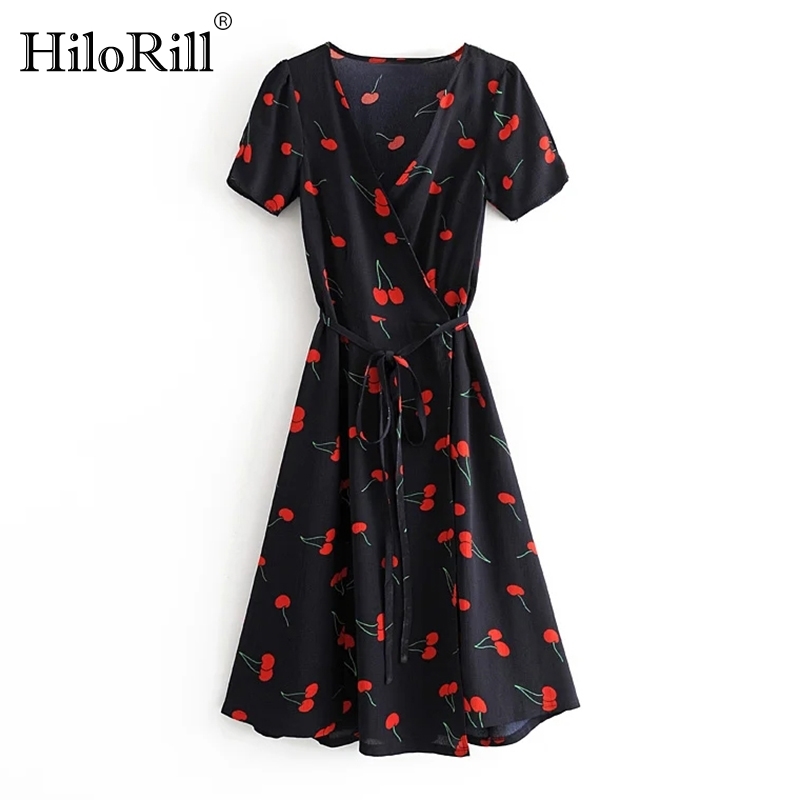 Vintage Cherry Print Midi Dress Women Sexy Deep V Neck High Split Wrap Summer Short Sleeve Boho Casual es 210508