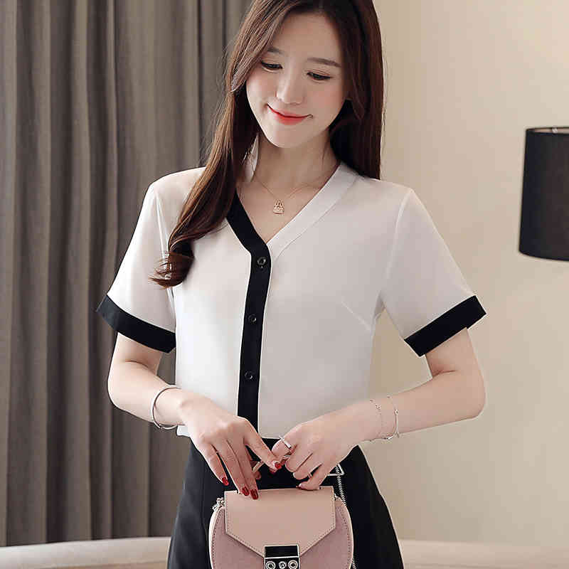 Korean Fashion Clothing Summer V Neck Women Tops Casual Short Sleeve Solid Shirt for White Chiffon Cardigan Blouse 9567 210506
