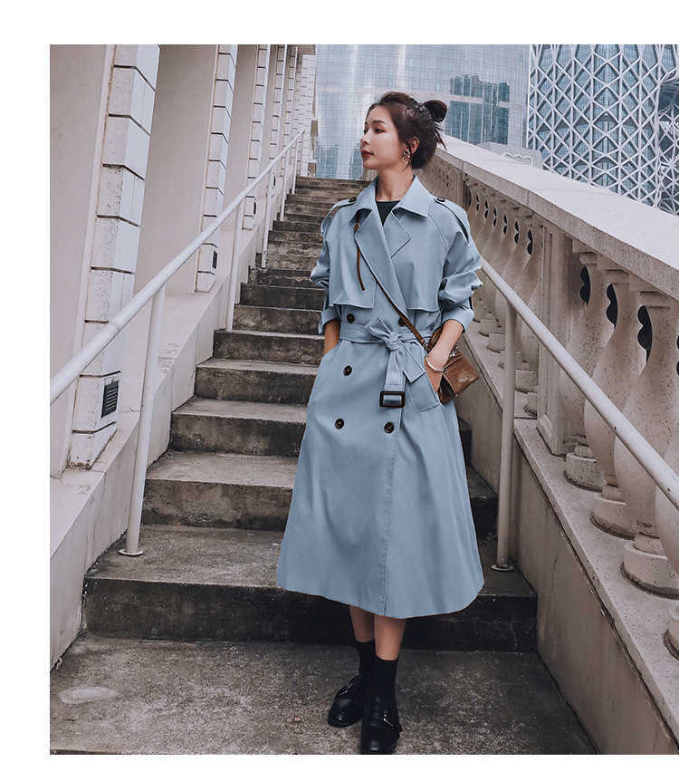 Autumn Women Trench Coat With Belt Clothes Blue Casaco Feminino Harajuku Abrigo Mujer Long Femme 210914