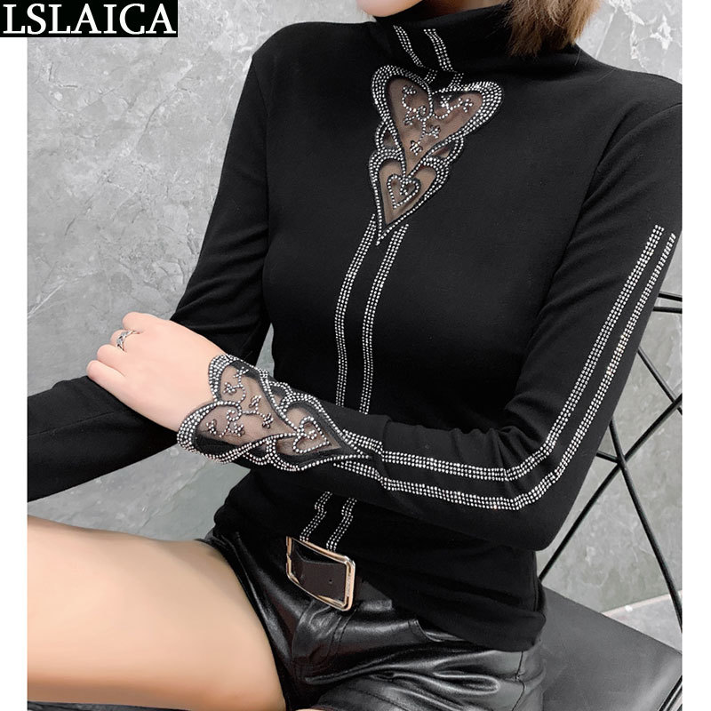 Casual women tops and blouses black turtleneck slim heart hollow out plus size fashion elegant diamonds 210515