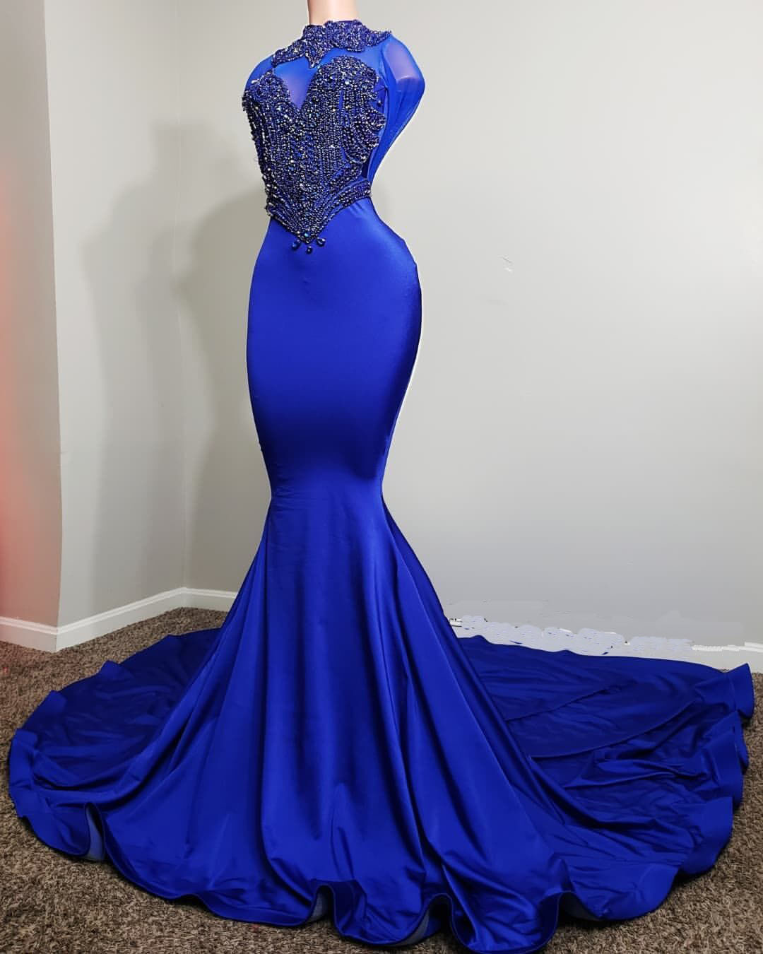 Royal Blue Prom Dress One Shoulder Appliques Beads Formal Evening Party Gowns for African Girl Robe De Soiree Femme