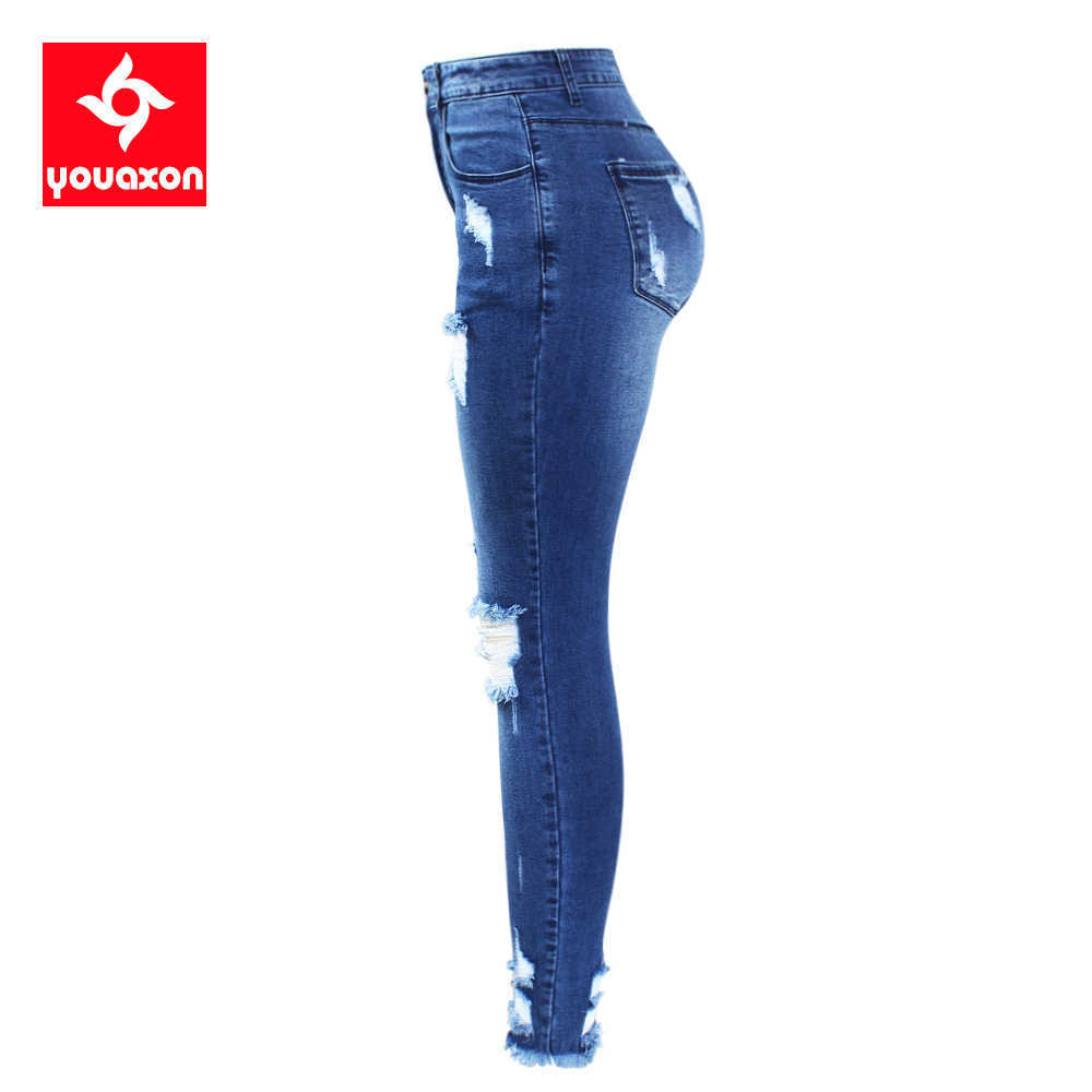 2127 Youaxon S-XXXXXL Ultra Stretchy Blue Tassel Ripped Jeans Woman Denim Pants Trousers For Women Pencil Skinny Jeans 210730