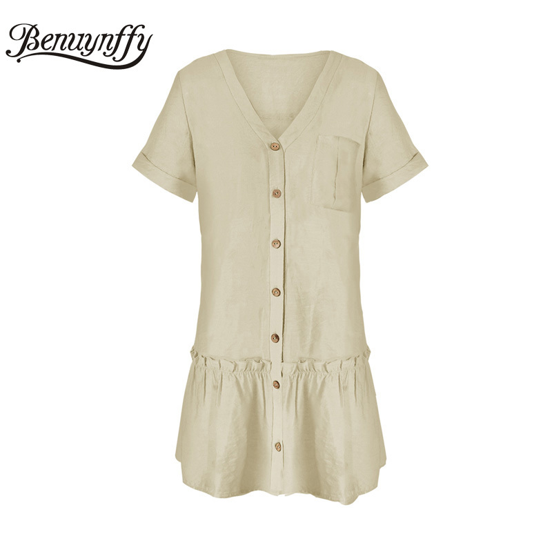 V-neck Single Breasted Frill Trim Shirt Dress Fashion Casual Women Summer Short Sleeve Pocket Loose Mini 210510