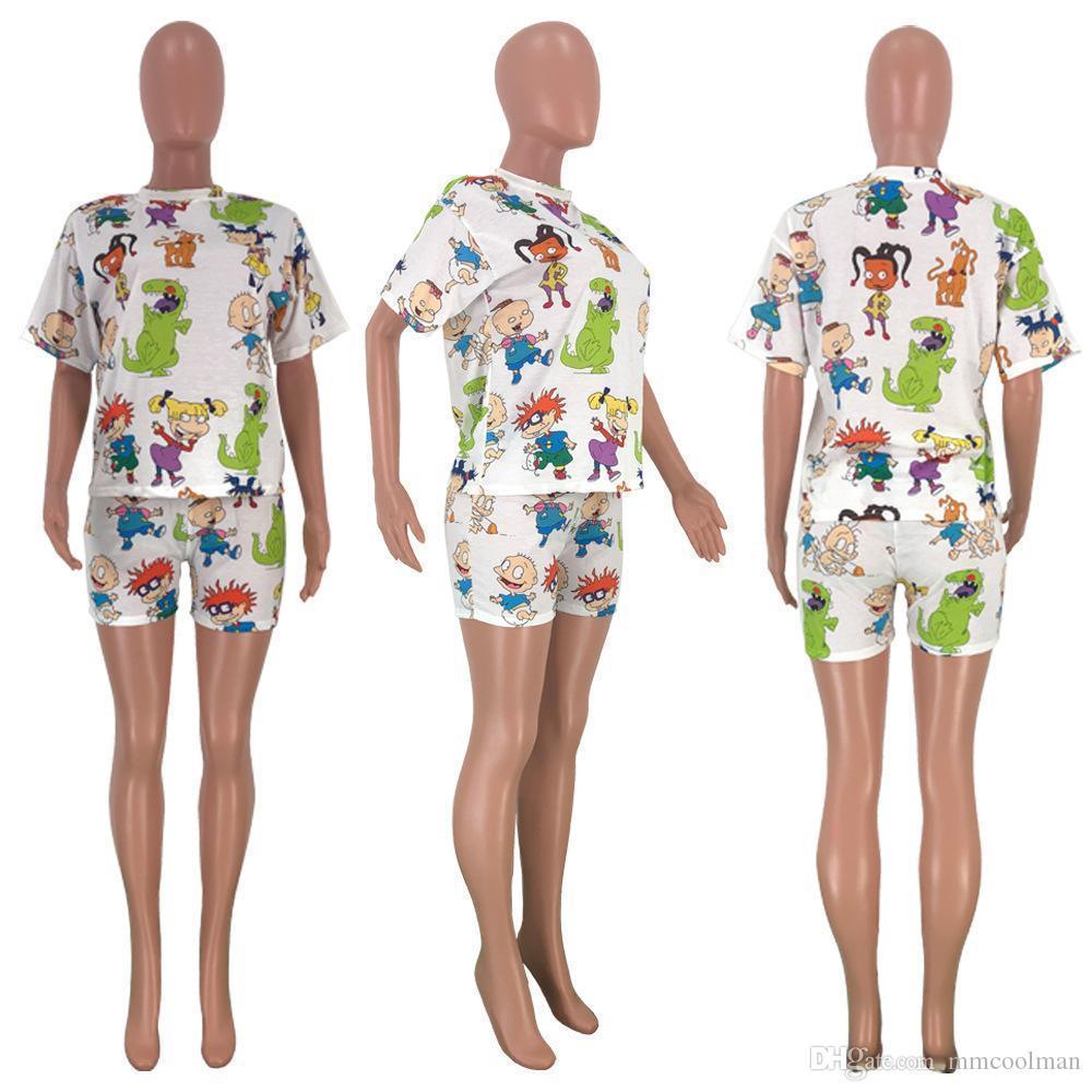 Fashion Cartoon Printed Casual Set dresses Womens Designer Tracksuit Short Sleeve Outfits 2 Piece Pant Sport Suits Clubwear