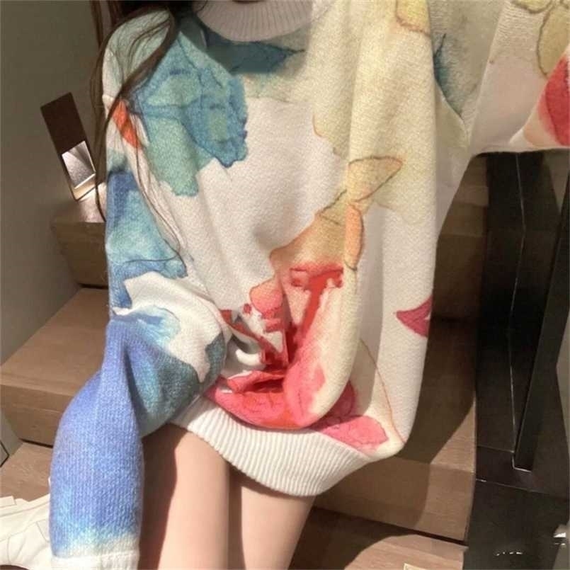 Watercolor Graffiti Fairy Sweater Women's Loose Long Thin Tie-dye Sweater Autumn Long-sleeved Pullover Tops Female Drop 211103