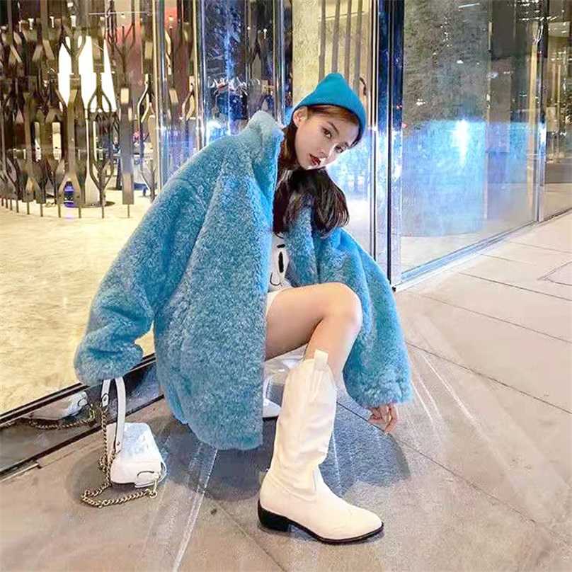 Lucyever Autumn Winter Faux Fur Coat Women Fashion Warm Soft Zipper Lamb Fur Jackets Fluffy Cozy Loose Outerwear Female 211123