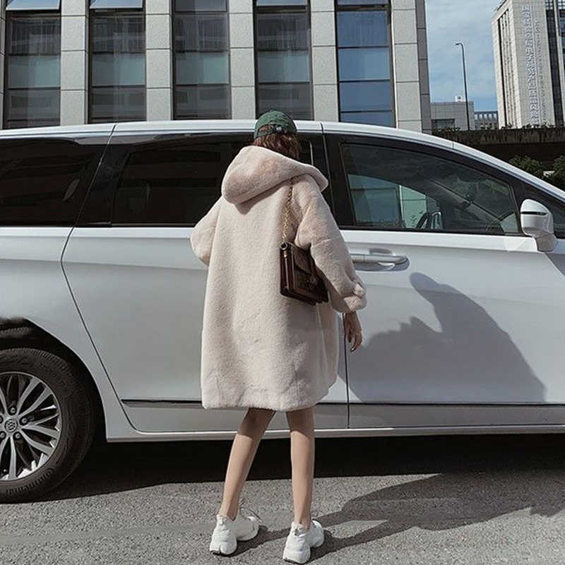 Vangull Women Winter Faux Fur Long Coat Casual Sweet Solid Warm Soft Fur Hooded Jacket Fashion Loose Thicken Plus size Coat 211019