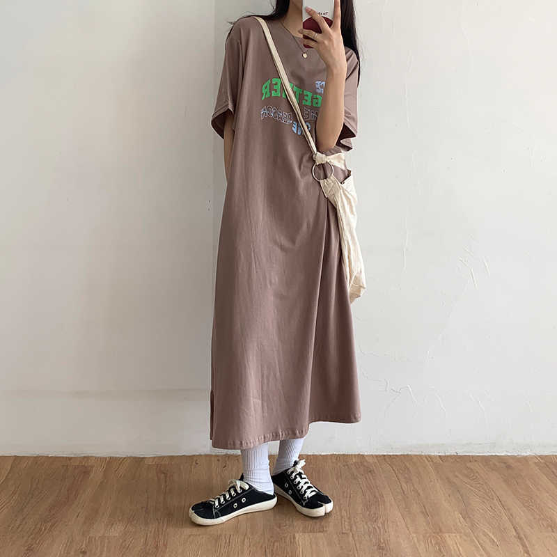 Qooth Casual T shirt Dres Shirt Summer Loose Short-Sleeved Split Female Patchwork Blue Maxi QT090 210609
