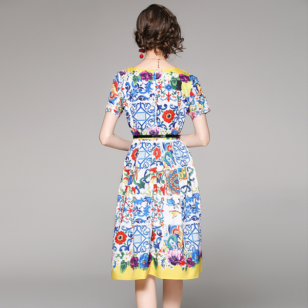 Summer Dress Women's Retro Blue and White Porcelain Floral Print Short Sleeve Midi Dress Vestidos 210518