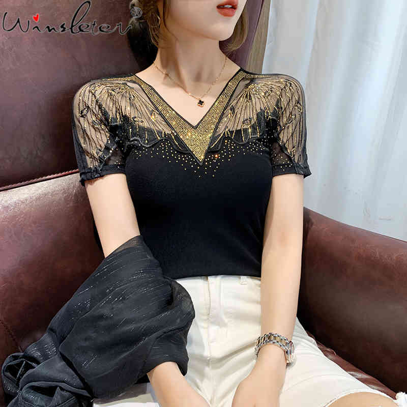 Women's T-Shirt Summer European Clothes Fashion Sexy V-Neck Patchwork Embroidery Shiny Diamonds Women Tops Short Sleeve Tees T1521, Black tshirt
Women's T-Shirt Summer European Clothes Fashion Sexy V-Neck Patchwork Embroidery Shiny Diamonds Women Tops Short Sleeve Tees T1521, Black tshirt