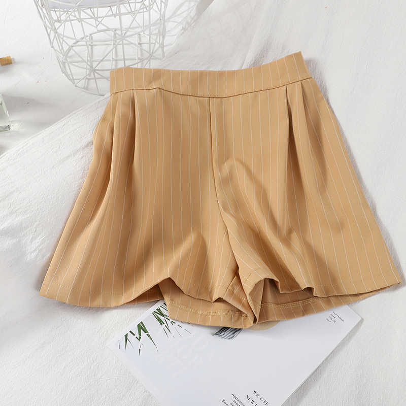DEAT Summer Fashion Temperament Double Coat Top + Elastic High Waist Wide Leg Shorts Striped 2-piece Women's Suit SK057 210709