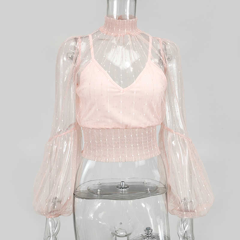 Colysmo Pink Blouse Women Summer Vintage Stand Collar Long Sleeve Sheer Mesh Polka Dot Tops Elegant Office Ladies Clothing 210527
