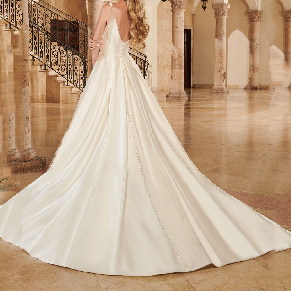 Ivory Satin Wedding Dress Sheer neckline Sweep Train Bridal Gowns with Side Pockets