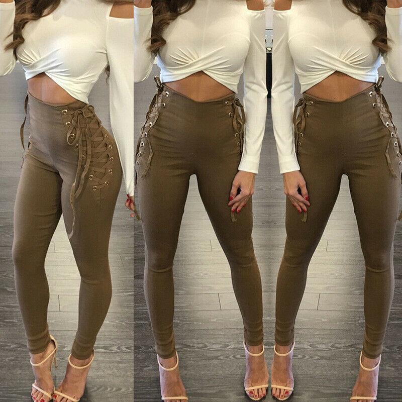 Pants Leggings Trousers Womens Lace Up Skinny Pencil High Waist Bandage Stretch Solid Party Black Women's & Capris