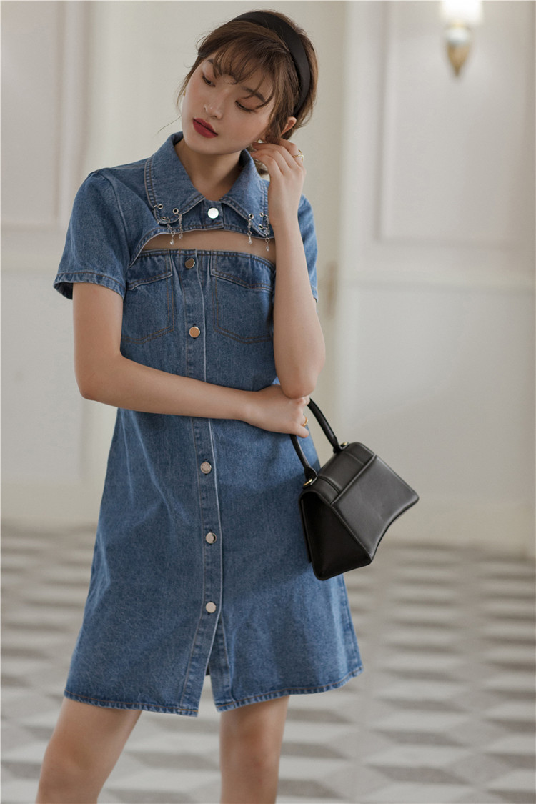 2 Piece Summer Denim Dress Women Strapless Button Up Blue Jean Keyhole Ladies Korean Mini 210427