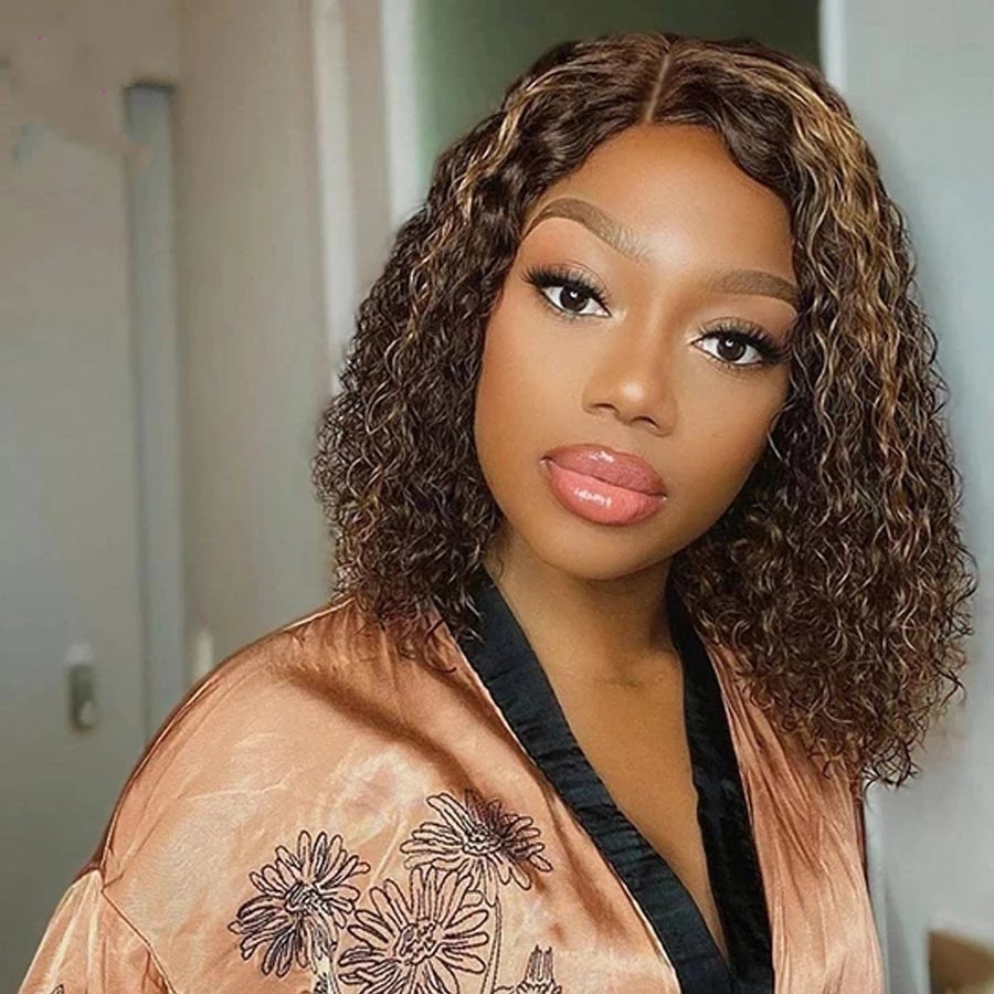 Free shipping Highlight Brown Brazilian Lace Frontal Wig Short Bob Synthetic Wigs For Women Kinky Curly Glueless 250% Density