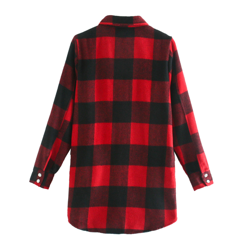 Vintage Women Red-Black Plaid Shirt Jacket Fashion Ladies Long Sleeve Side Pocket Blouse Female Casual Soft Outerwear 210515