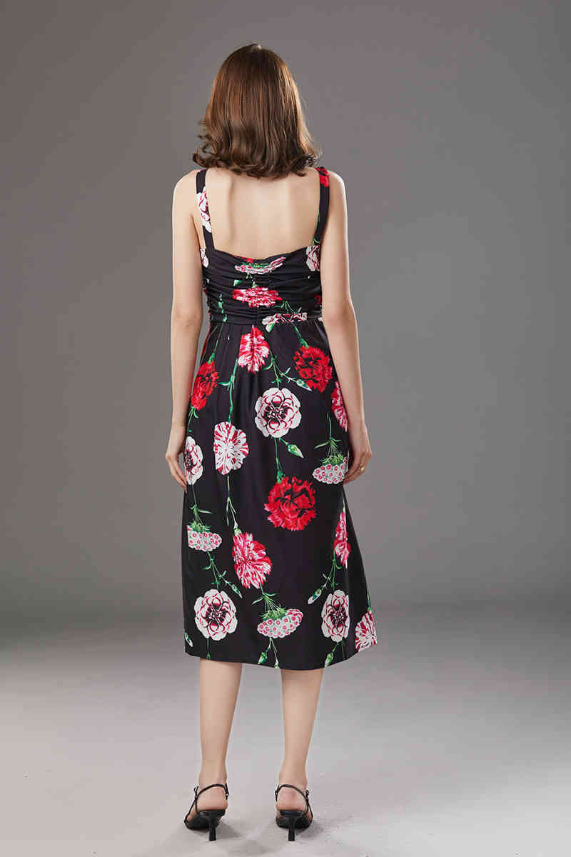 Arrival Summer Women's Runway Dresses Spaghetti Strap Floral Printed Ruched High Street Fashion Casual Mid Calf 210506