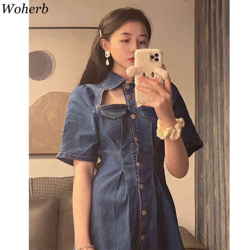 Chic Women Denim Dresses Hollow Out Turn Down Collar Blue Jean Dress Streetwear Mini Party Robe High Waist Slim Vestidos 210519