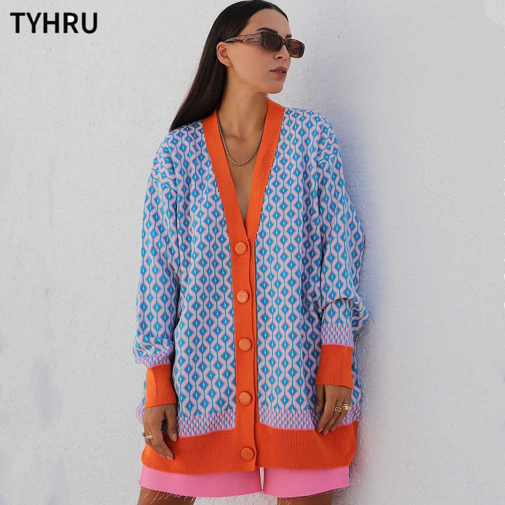 TYHRU Women's Knitting Sweater Color Matching Diamond Lattice Single-Breasted Buttons Loose Casual Knitted Cardigan Sweaters 211007