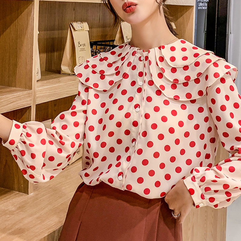 Autumn Fashion Women Tops Chiffon Blouses Long Sleeve Casual Polka Dot Clothing Sweet Ruffles Lady 5327 50 210508