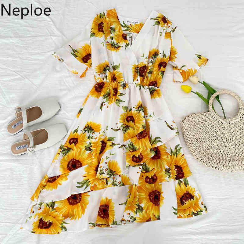 Neploe Women's Dress Summer New Style Temperament Irregular Vestidos V Neck High Waist Slim Bandage Floral Split Dresses 4h571 210422
