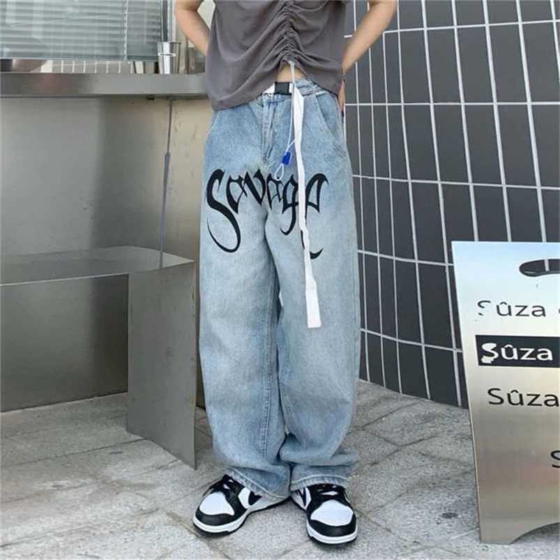 American Streetwear Jeans Hip-hop Letters Printed Loose Belt Trousers Men Retro Hong-kong Style Wide-leg Mopping Baggy Y2k Pants 211120