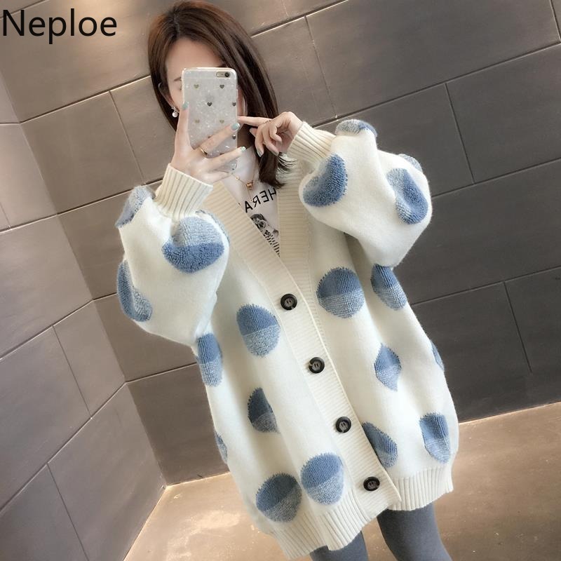 V Neck Print Cardigans Single Breasted Lantern Sleeve Women Sweater Autumn Winter Clothes Oversized Outwear 210422