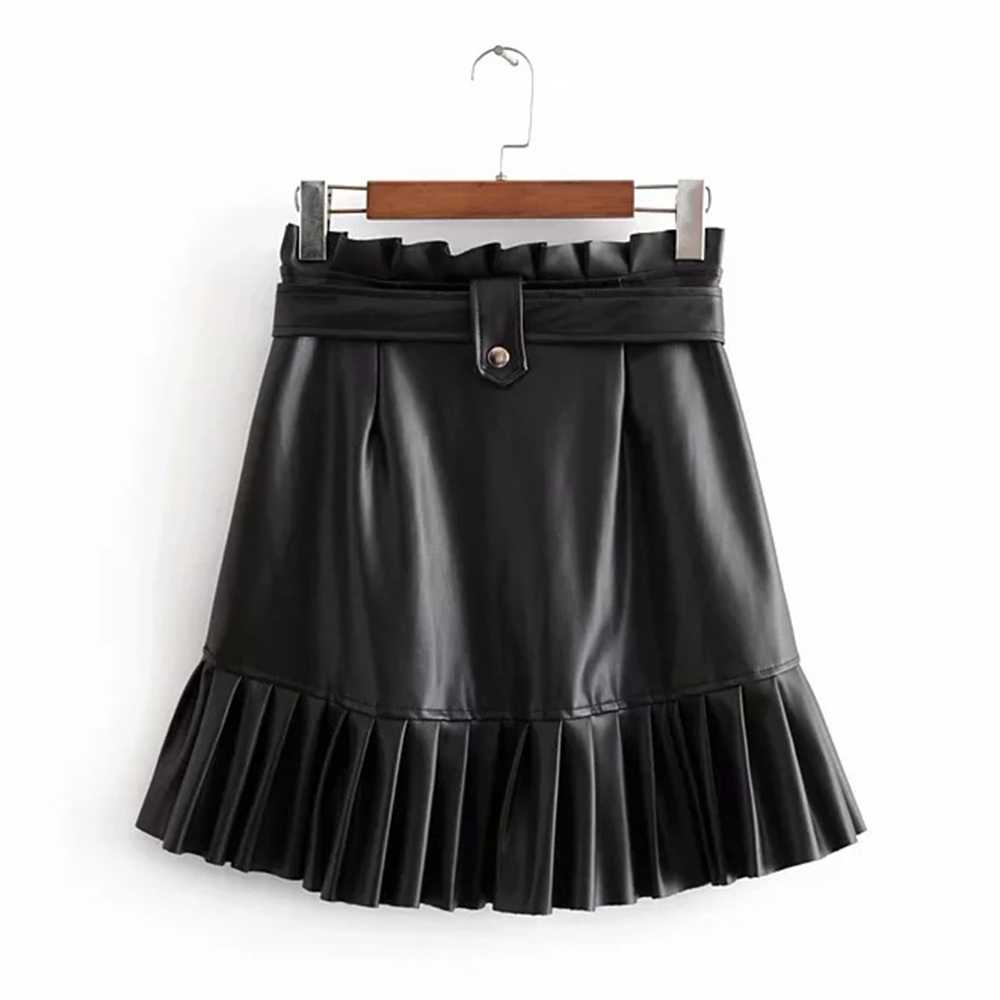 Chic PU Leather Mini Skirt with Belt Women High Waist Pleated s Fashion All-match s Korean Sweet Faux 210428