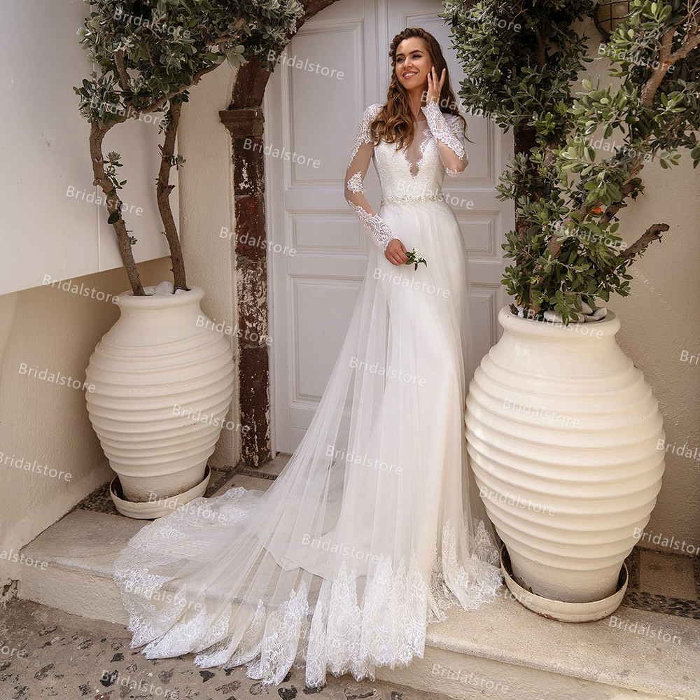 Elegant Bohemain Style Mermaid Wedding Dress With Overskirt Train 2021 Lace Long Sleeve Boho Bridal Gowns Open Back Country Bride Dresses Robes De Mar